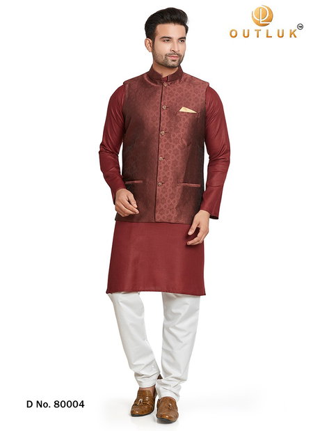 Wine Colour Outluk Vol 80 Exclusive Silk Festive Wear Kurta Pajama With Jacket Mens Collection 80004